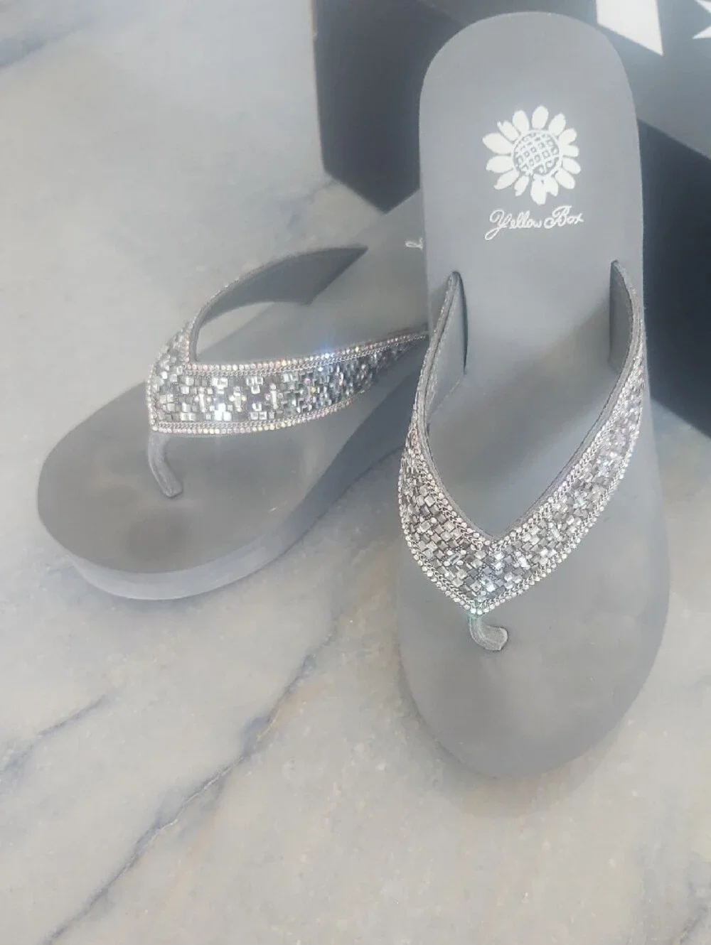 Yellow Box Silver Jeweled Wedge Sandals